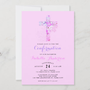 Invitación Elegante cruz floral de confirmación rosa