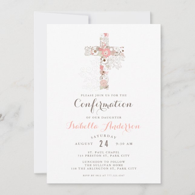 Invitación Elegante cruz floral de confirmación rosa blanco (Anverso)