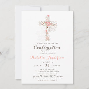 Invitación Elegante cruz floral de confirmación rosa blanco
