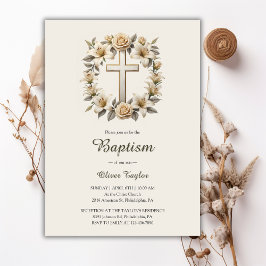 Invitación Elegante Cruz Floral Género Bautismo Neutral