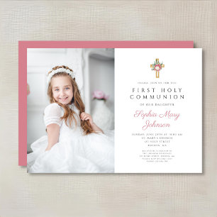 Invitación Elegante Cruz Floral Niña Primera Comunión Foto