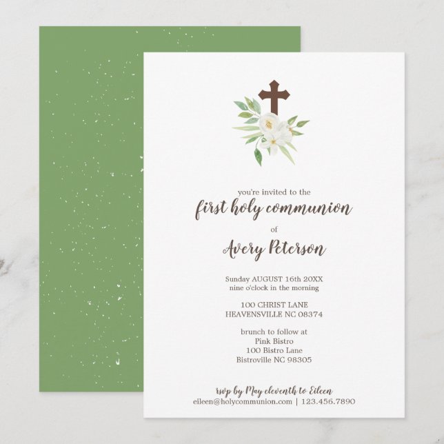 Invitación Elegante Cruz Floral Primera Santa Comunión (Anverso / Reverso)