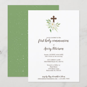 Invitación Elegante Cruz Floral Primera Santa Comunión