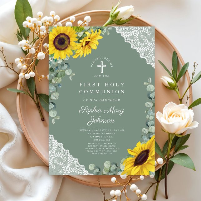 Invitación Elegante Cruz Floral Primera Santa Comunión (Elegant Floral Cross First Holy Communion Invitation)