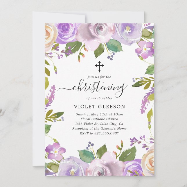 Invitación Elegante cruz floral púrpura Chica Christening (Anverso)