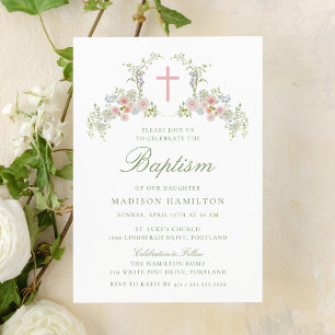 Invitación Elegante Cruz Floral Rosa Bautizo de Niña