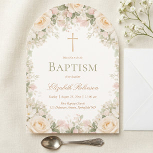 Invitación Elegante Cruz Floral Rosa Crema Bautizo