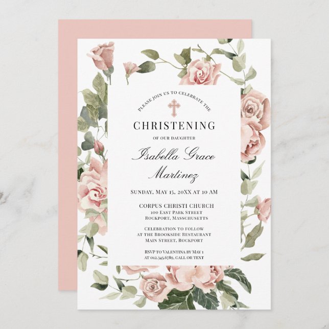 Invitación Elegante Cruz Floral Rosa Dusty (Anverso / Reverso)
