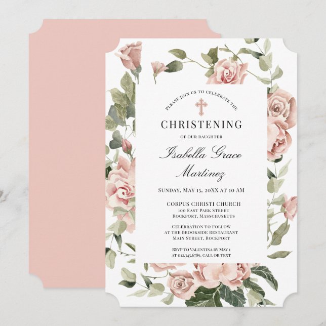 Invitación Elegante Cruz Floral Rosa Dusty (Anverso / Reverso)