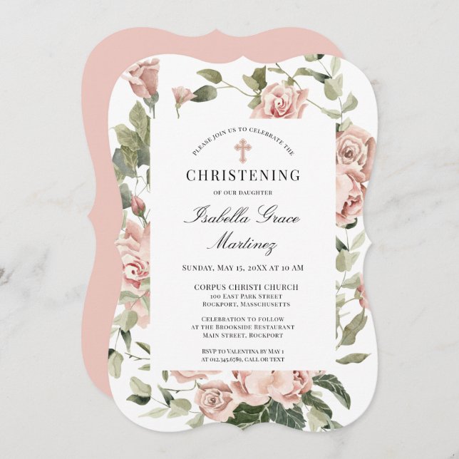 Invitación Elegante Cruz Floral Rosa Dusty (Anverso / Reverso)