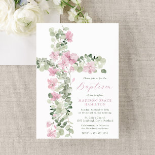 Invitación Elegante Cruz Floral Rosa para Bautizo de Niña