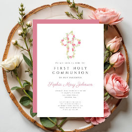 Invitación Elegante Cruz Floral Rosa Primera Comunión