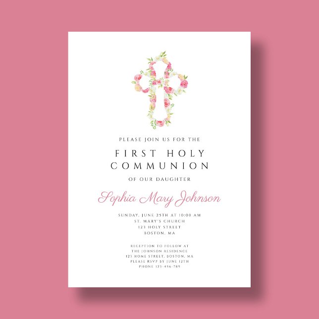 Invitación Elegante Cruz Floral Rosa Primera Comunión (Elegant Pink Floral Cross First Communion Invitation)