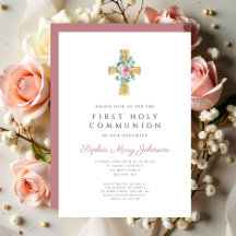 Elegante Cruz Floral Rosa Primero Santa Comunión