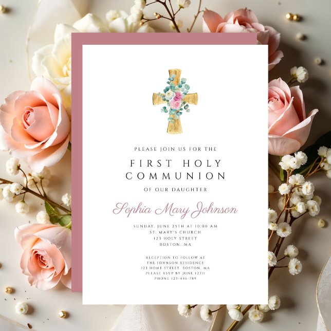 Invitación Elegante Cruz Floral Rosa Primero Santa Comunión (Elegant Pink Floral Cross First Holy Communion Invitation)