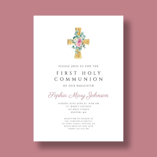 Invitación Elegante Cruz Floral Rosa Primero Santa Comunión (Elegant Pink Floral Cross First Holy Communion Invitation)