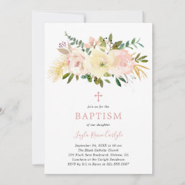 Invitación Elegante Cruz Floral Rubor Baptismo Bebé Rosa