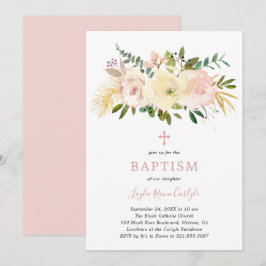 Invitación Elegante Cruz Floral Rubor Baptismo Bebé Rosa