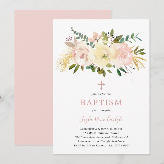 Invitación Elegante Cruz Floral Rubor Baptismo Bebé Rosa (Anverso / Reverso)