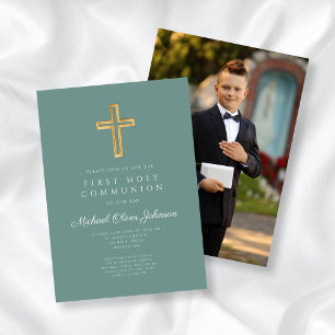 Invitación Elegante Cruz Foto Niño Primera Comunión