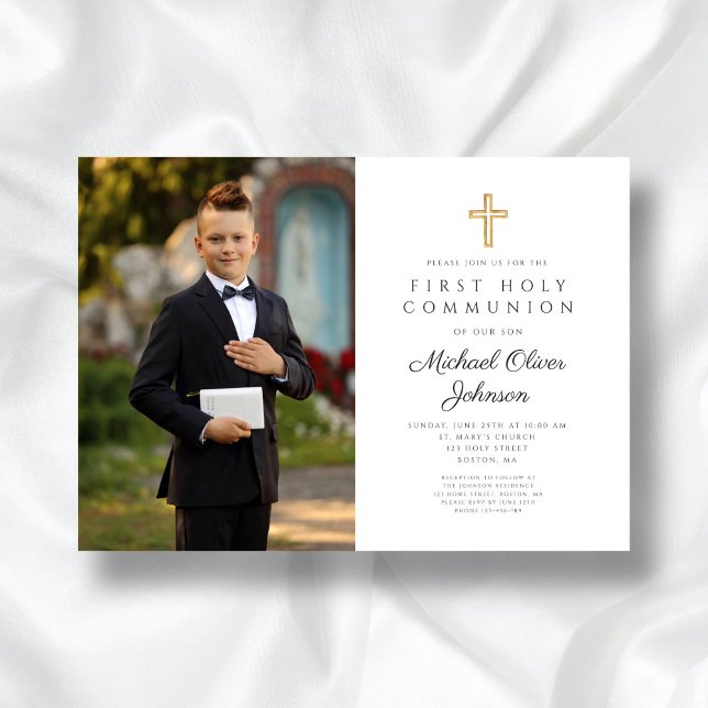 Invitación Elegante cruz foto primera comunión (Elegant Cross Photo First Communion Invitation)
