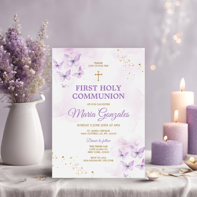 Invitación Elegante cruz morada y dorada primera comunión sag (Subido por el creador)