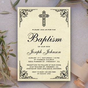Invitación Elegante Cruz Ornata Vintage Bautismo