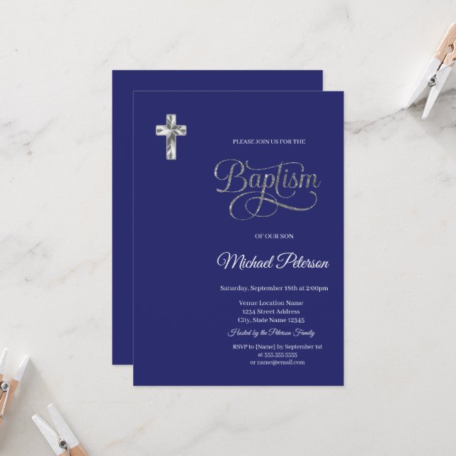 Invitación Elegante cruz plateada Baptismo Marina Azul (Anverso/Reverso In Situ)