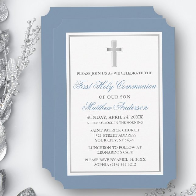 Invitación Elegante cruz plateada Mezcla azul turbulenta Prim (Customize to change text size, style, color or to add more text or photos to back of card.)
