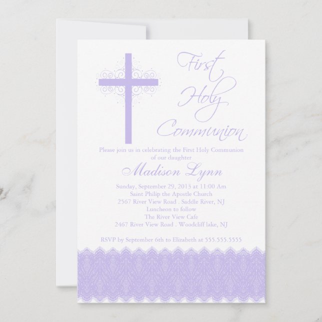 Invitación Elegante Cruz Púrpura Primero Santa Comunión (Anverso)