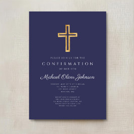 Invitación Elegante Cruz Religiosa Azul Marino Niño Confirmac