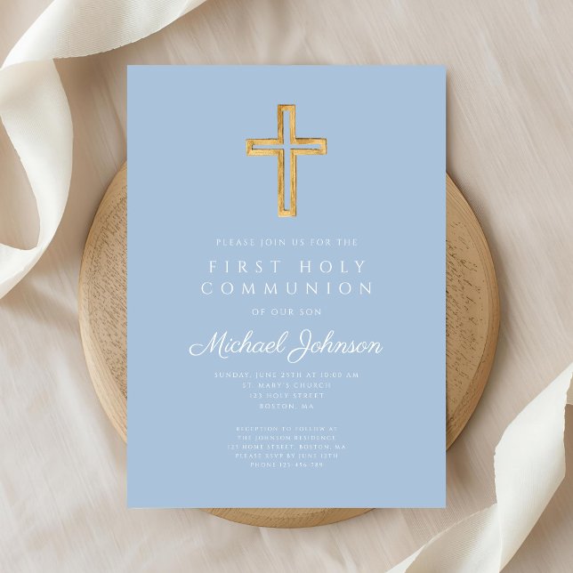 Invitación Elegante Cruz Religiosa Azul Niño Primera Comunión (Elegant Blue Religious Cross Boy First Communion Invitation)