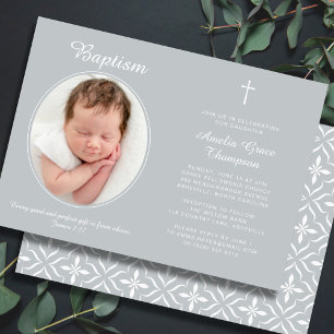 Invitación Elegante Cruz Religiosa Bautizo Foto Gris Neutral