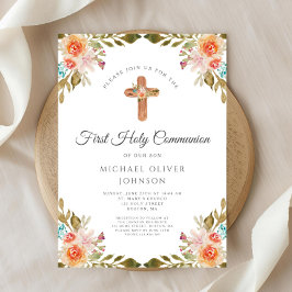 Invitación Elegante Cruz Religiosa Floral Primera Comunión