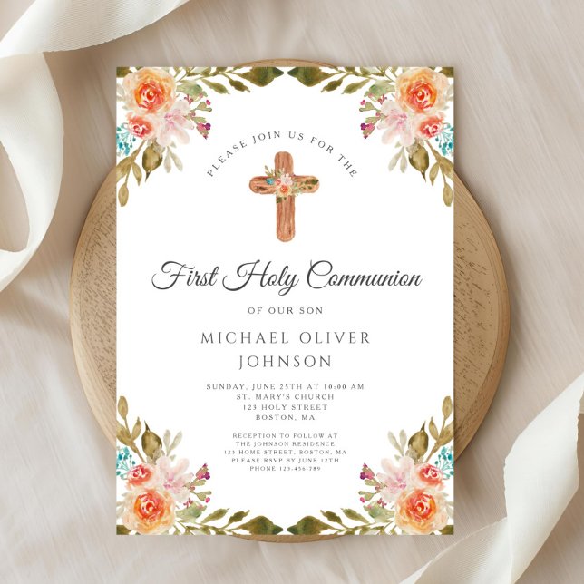 Invitación Elegante Cruz Religiosa Floral Primera Comunión (Elegant Floral Religious Cross First Communion Invitation)