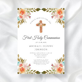 Invitación Elegante Cruz Religiosa Floral Primera Comunión