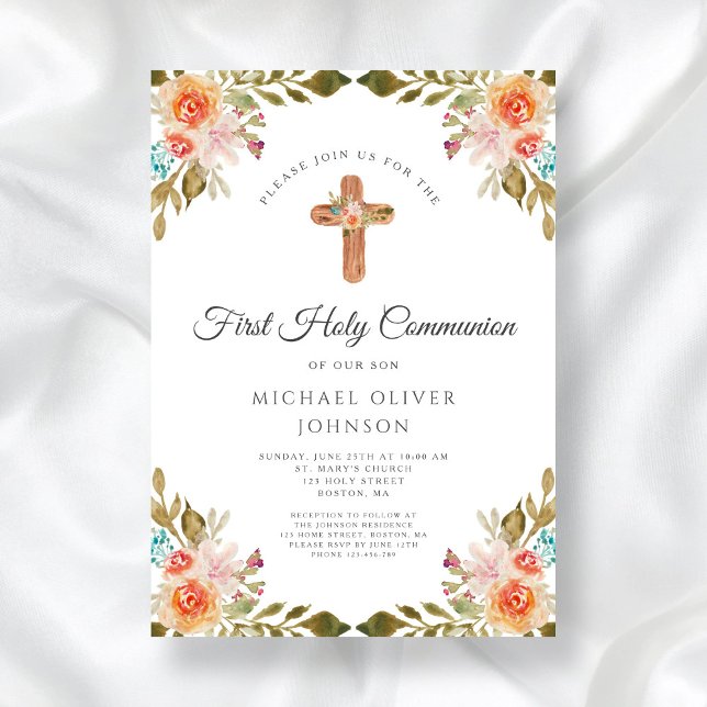 Invitación Elegante Cruz Religiosa Floral Primera Comunión (Elegant Floral Religious Cross First Communion Invitation)