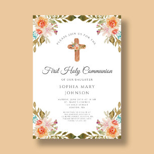 Invitación Elegante Cruz Religiosa Floral Primera Comunión