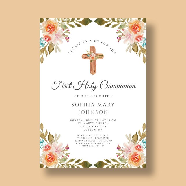 Invitación Elegante Cruz Religiosa Floral Primera Comunión (Elegant Floral Religious Cross First Communion Invitation)
