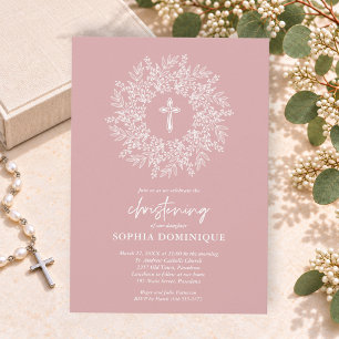 Invitación Elegante Cruz Religiosa Rosa Bautizo de Niña