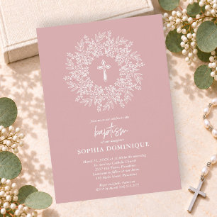 Invitación Elegante Cruz Religiosa Rosa Bautizo de Niña