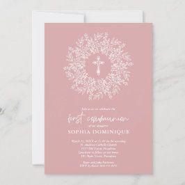 Invitación Elegante Cruz Religiosa Rosa Primera Comunión Niña