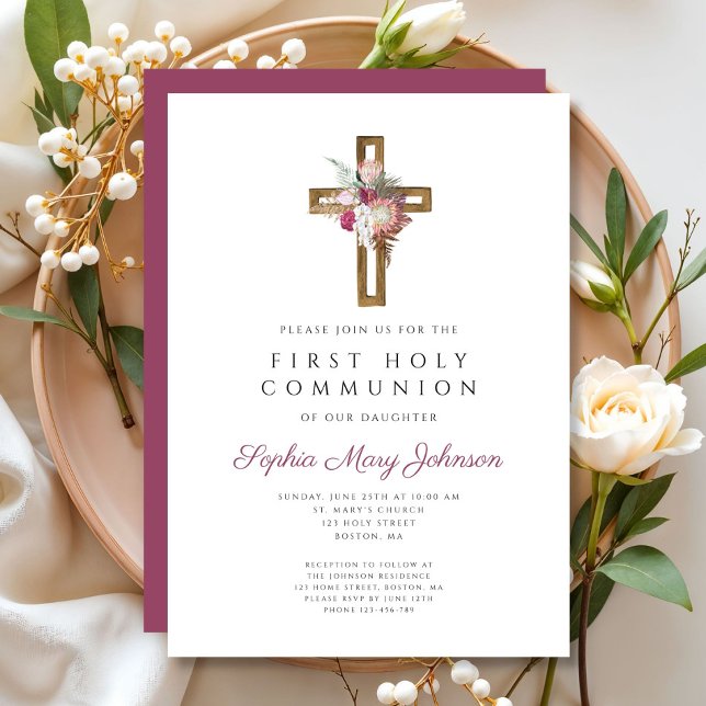 Invitación Elegante Cruz Roja Floral Boho Primera Comunión (Elegant Red Floral Boho Cross First Communion Invitation)