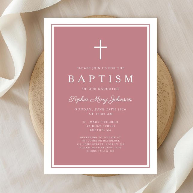 Invitación Elegante Cruz Rosa Bautizo de Niña (Elegant Pink Cross Baby Girl Baptism Invitation)