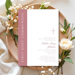 Invitación Elegante Cruz Rosa Moderna Niña Primera Comunión