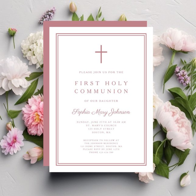 Invitación Elegante Cruz Rosa Niña Primera Comunión (Elegant Pink Cross Girl First Holy Communion Invitation)