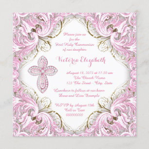 Invitación Elegante cruz rosa y dorada primera comunión