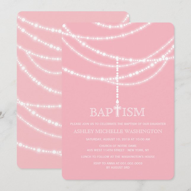 Invitación Elegante Cruz Rosaria Esparce Bautismo Religioso (Anverso / Reverso)