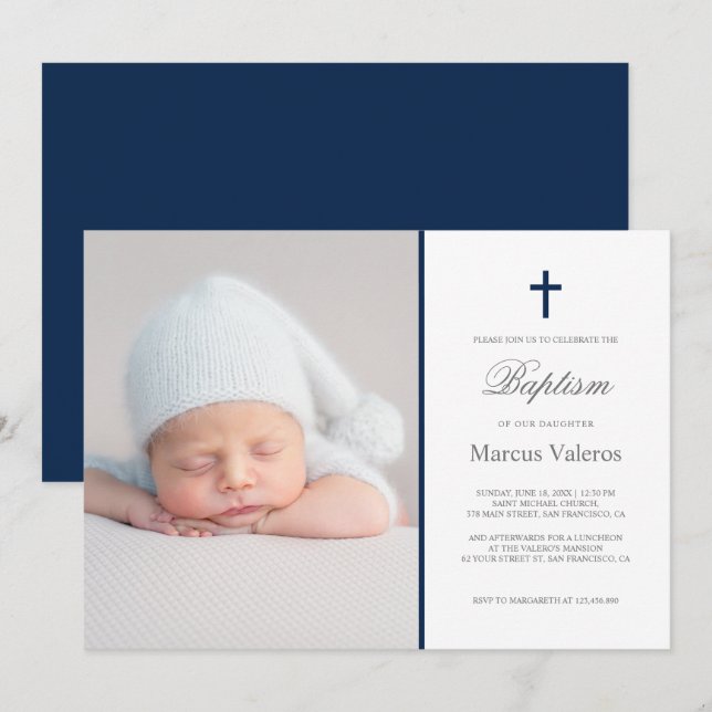 Invitación Elegante cruz simple foto bautismo naval  (Anverso / Reverso)