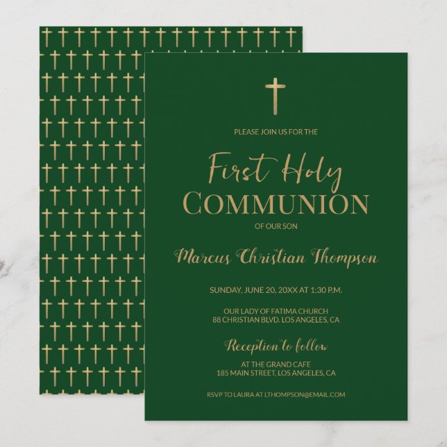Invitación Elegante Cruz Verde de Oro Primera comunión santa (Anverso / Reverso)
